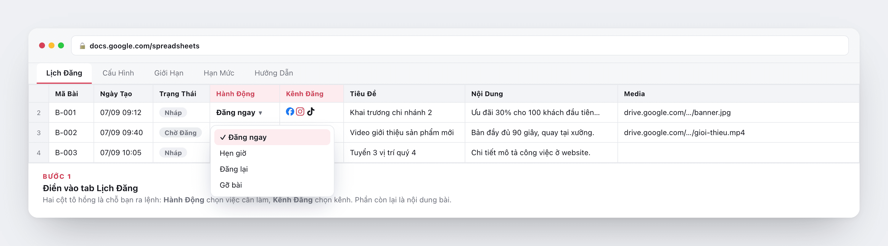 Bước 1: Điền nội dung vào bảng tính