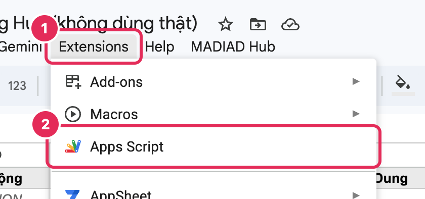 Menu Tiện ích mở rộng, mục Apps Script