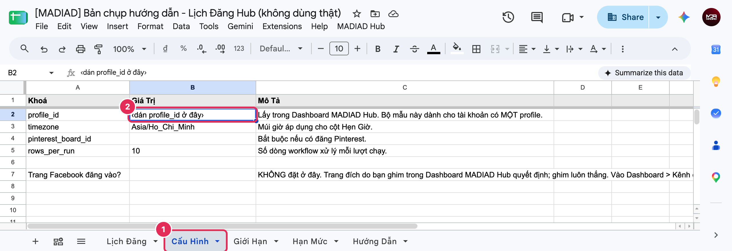 Tab Cấu Hình ở hàng tab dưới cùng, ô Giá Trị của dòng profile_id