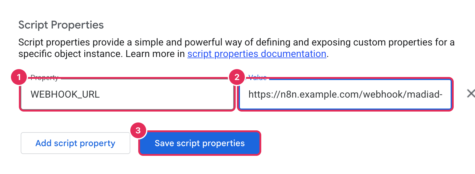Thuộc tính tập lệnh: WEBHOOK_URL và Production URL, rồi lưu