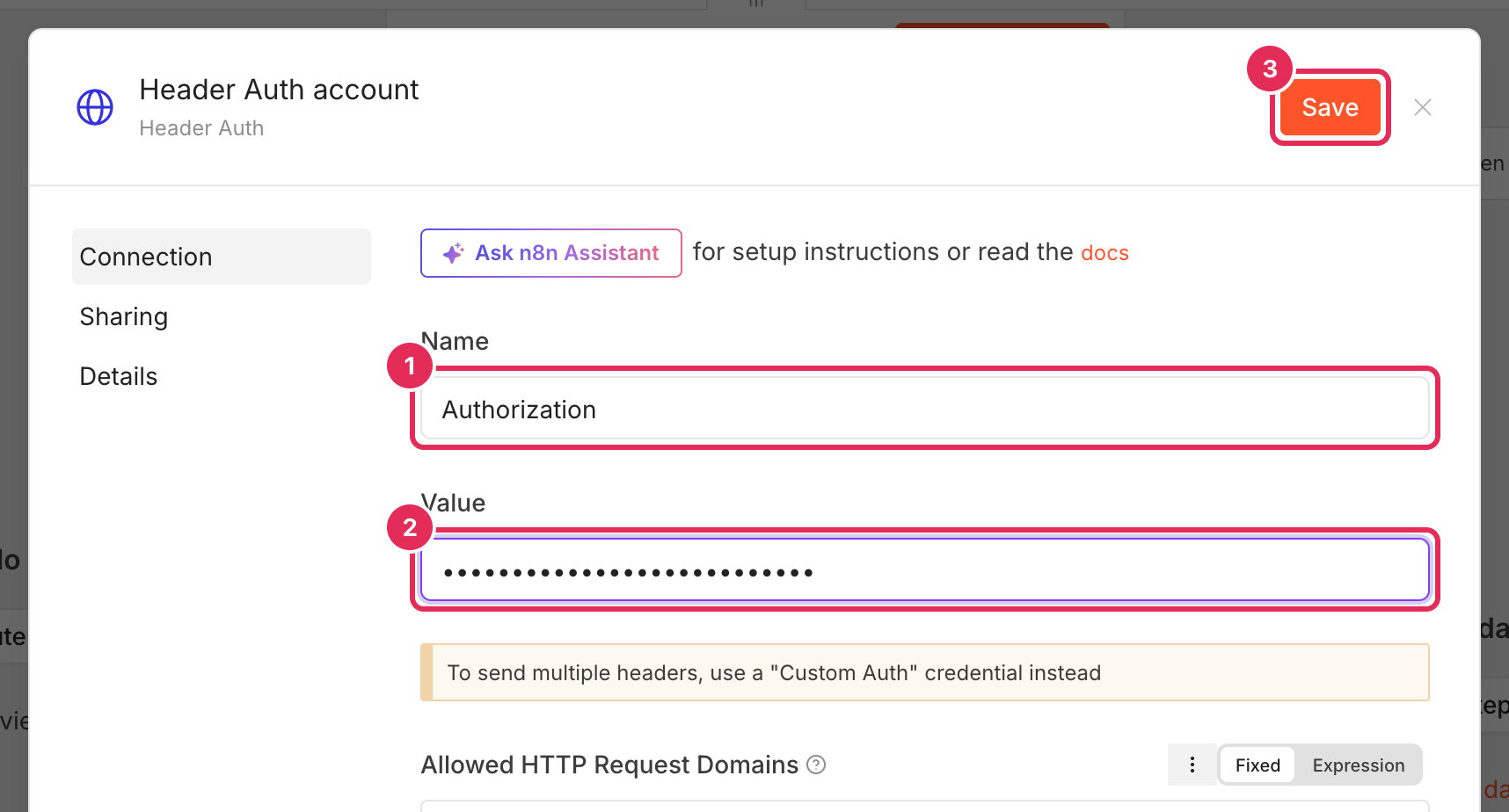 Hộp tạo credential Header Auth: Name, Value và nút Save