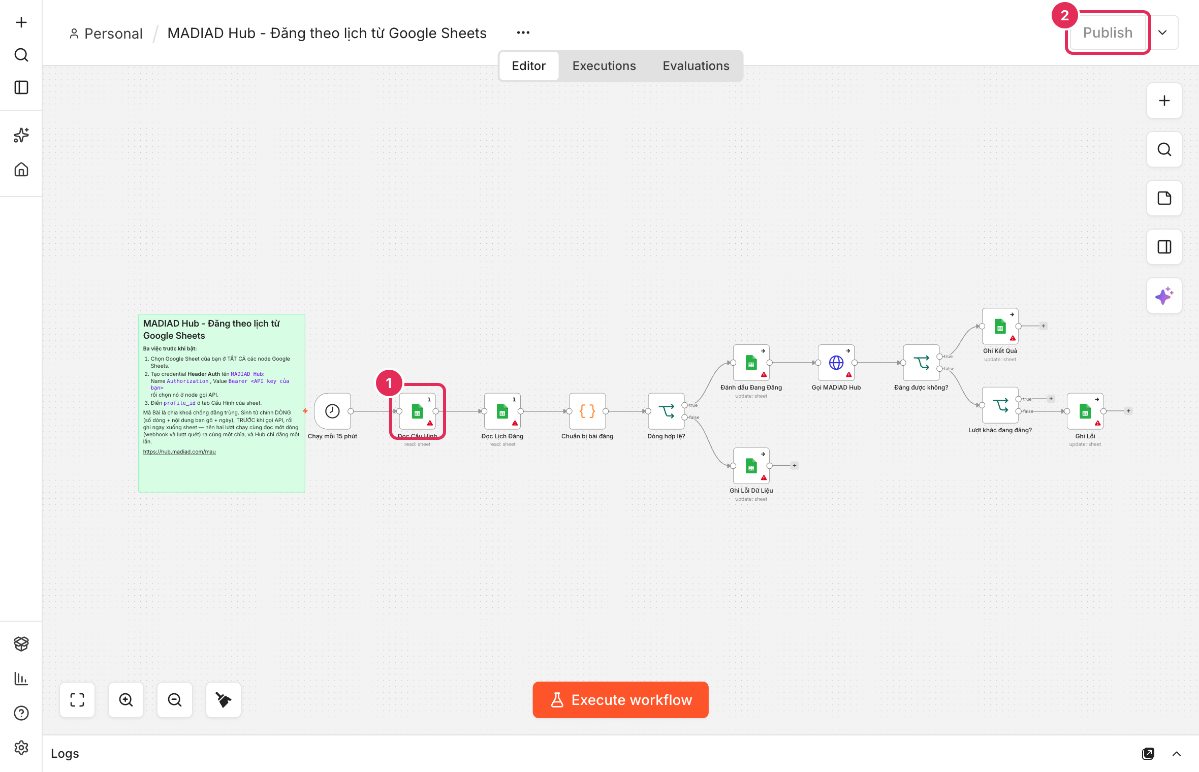 Luồng trong n8n: node còn tam giác đỏ và nút Publish