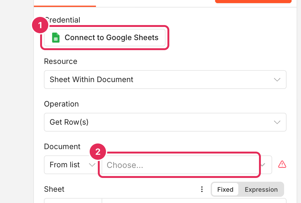 Node Google Sheets: nút Connect to Google Sheets và ô Document
