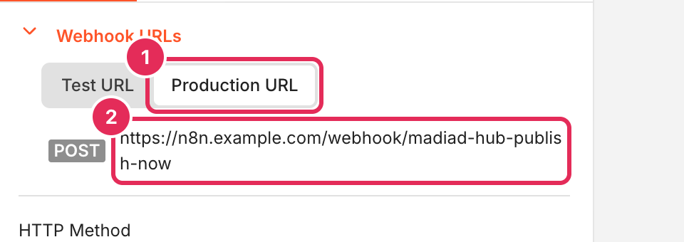 Node webhook: chọn Production URL, địa chỉ có /webhook/